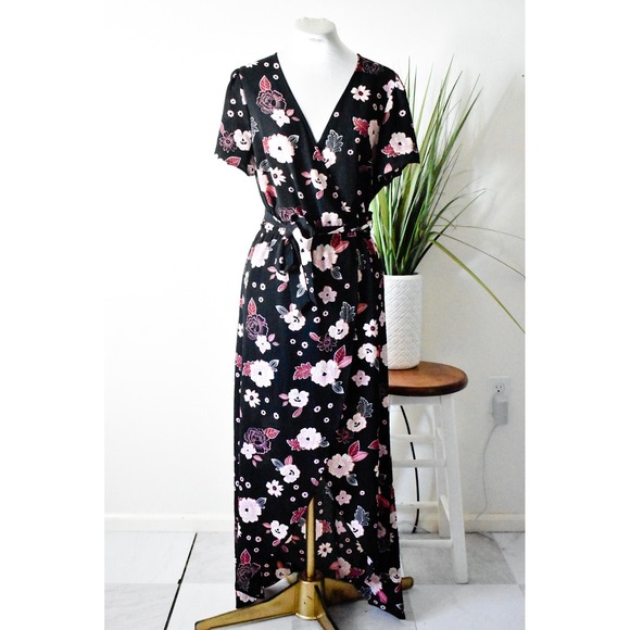 Candie's Pants - Candie's Floral Maxi Romper Women Size M Black Pink Modern Split Overlay Tie